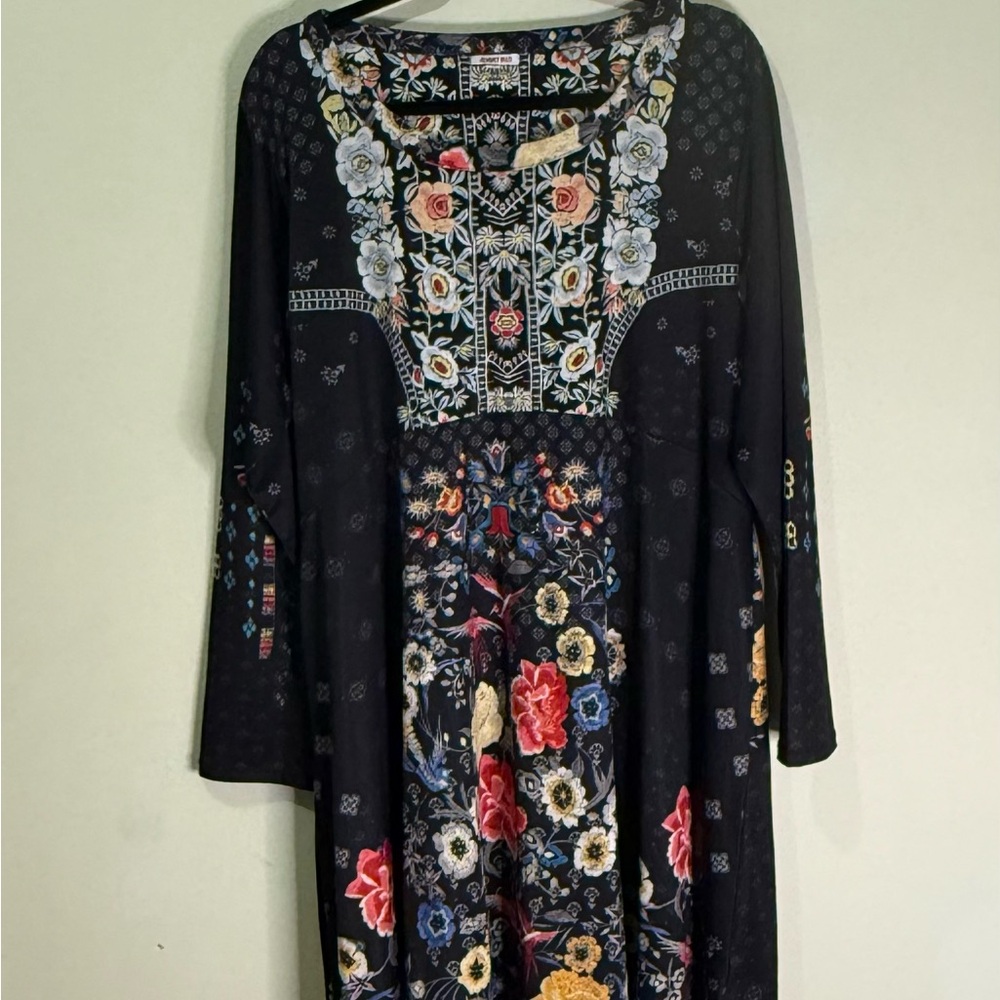 Johnny Was Black Long-Sleeve Floral Midi Dress